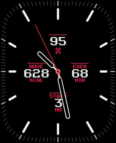 A retro-inspired Arcade Classic watch face with analog hands and gaming-style typography for activity stats