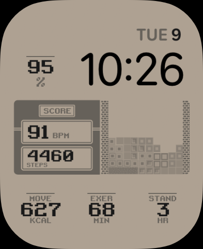 A retro-themed Arcade Blocks watch face featuring pixelated block-stacking game graphics and activity metrics.
