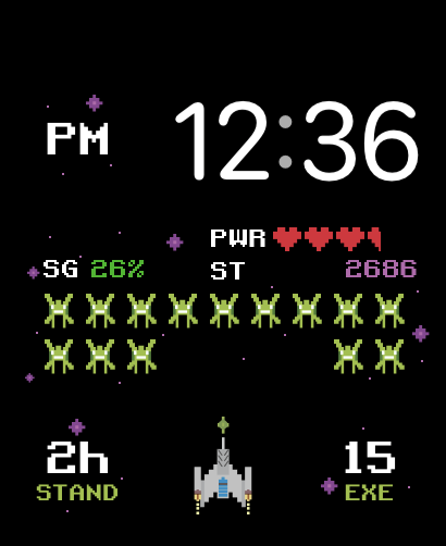 A retro-themed Arcade Spaceships watch face featuring pixelated spaceships, enemies, and heart-based power stats.