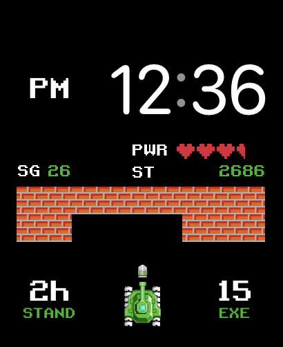 A retro-themed Arcade Tanks watch face featuring a pixelated tank, brick wall obstacles, and heart-based power stats