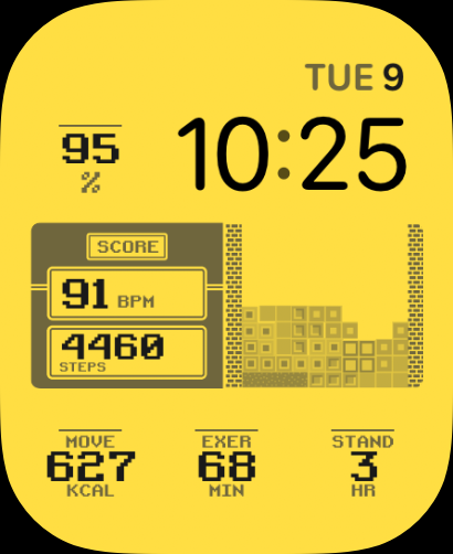 A bright yellow-themed Arcade Blocks watch face featuring pixelated block-stacking game graphics and activity metrics
