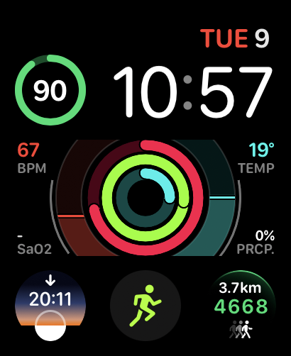 A CarPlay-inspired watch face with circular activity rings, health stats, and sleek automotive-inspired design