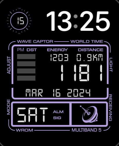 A Chrono-themed watch face featuring a retro digital layout with metrics for energy, distance, and world time