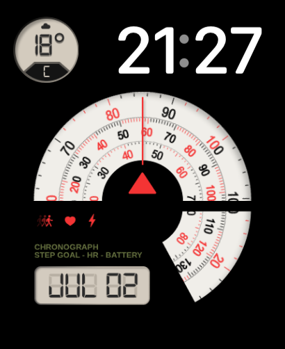 A mechanical-themed Chronograph watch face with a detailed tachymeter dial, activity metrics, and sleek design elements