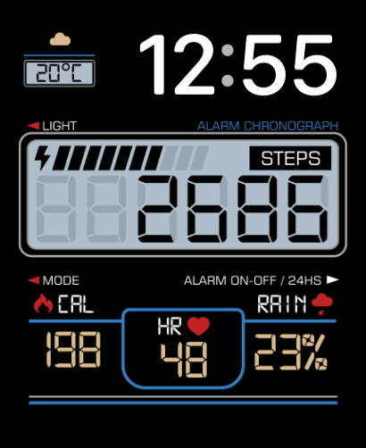 A Casio-inspired watch face with bold digital displays, step counter, heart rate, and weather metrics