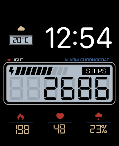 A Casio-inspired modular watch face featuring a digital display with step counter, heart rate, and weather metrics