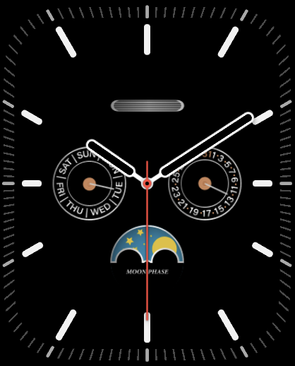 A classic analog watch face featuring a moonphase complication, day and date subdials, and a minimalist design