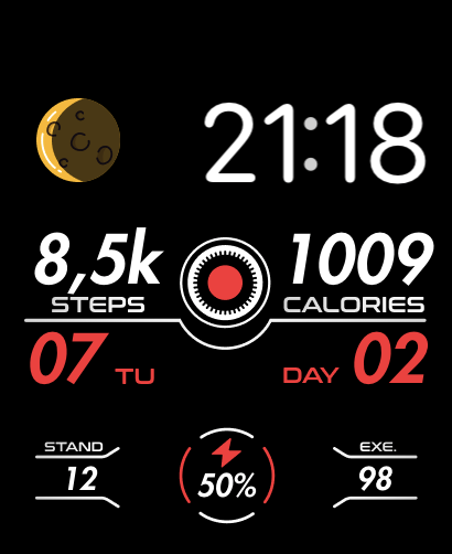 A cosmic-themed watch face featuring a moon design, step and calorie counters, and activity stats