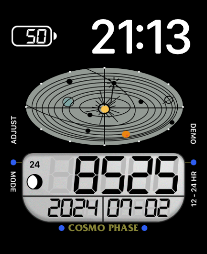 A Legendary Cosmo Phase watch face featuring a solar system design, digital time and date, and cosmic-inspired details