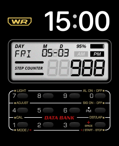 A Casio-inspired Calculator watch face featuring a retro digital display, step counter, and calculator-style keypad layout