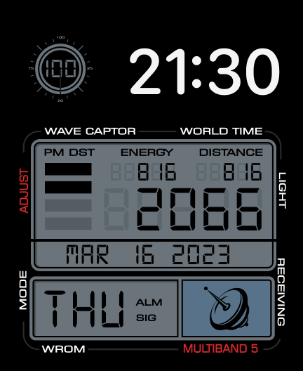 A Digital Duo watch face featuring an aviation-style digital panel with energy, distance, and world time metrics