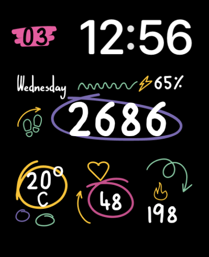 A colorful Drawings Duo watch face featuring hand-drawn-style metrics for steps, heart rate, and calories.