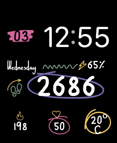A vibrant Drawings Modular watch face featuring hand-drawn metrics for steps, calories, heart rate, and temperature