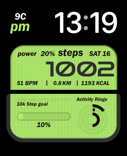 A Green Digital watch face featuring a bold green theme with digital displays for steps, heart rate, and activity goals.
