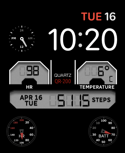 A sleek FitMetrics watch face featuring digital heart rate and temperature displays, step tracking, and a battery gauge