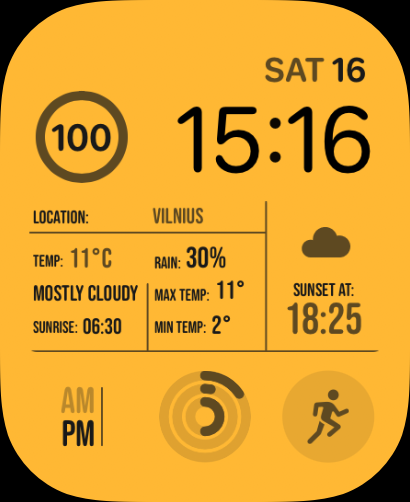 A Minimalist Forecast watch face featuring weather details, sunrise/sunset times, and activity stats on a sleek yellow background