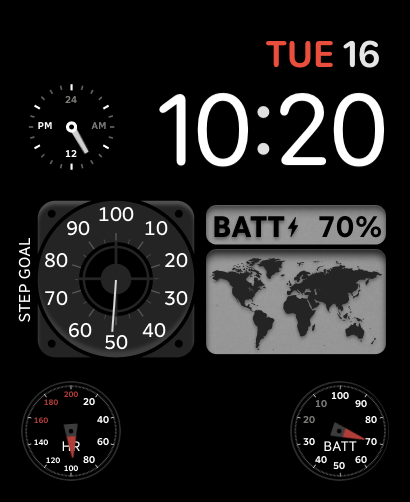 A Gauge Duo watch face featuring step goal and battery level gauges, a world map detail, and industrial-inspired design.