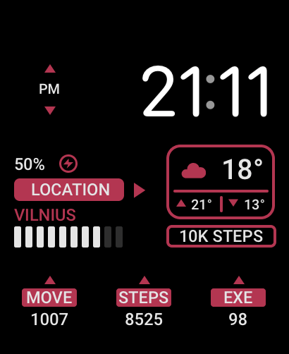 A sleek Glance watch face showcasing weather updates, step count, activity tracking, and battery status with a minimalist design