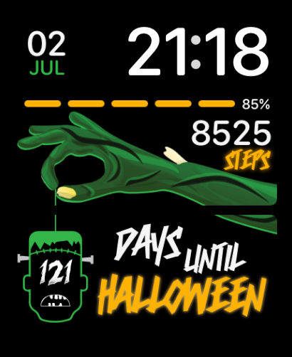 A Halloween-themed watch face featuring a green hand, a Frankenstein-inspired countdown, and bold step tracker