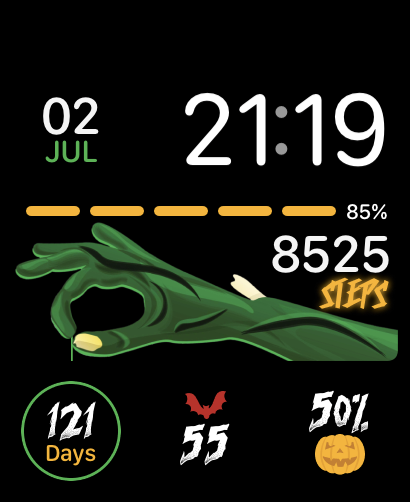 A Halloween-themed watch face featuring a green hand, bold step counter, and a countdown to Halloween