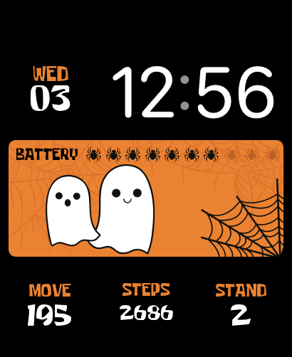 A Halloween-themed watch face featuring two cheerful ghosts, spider web details, and a battery indicator with spiders