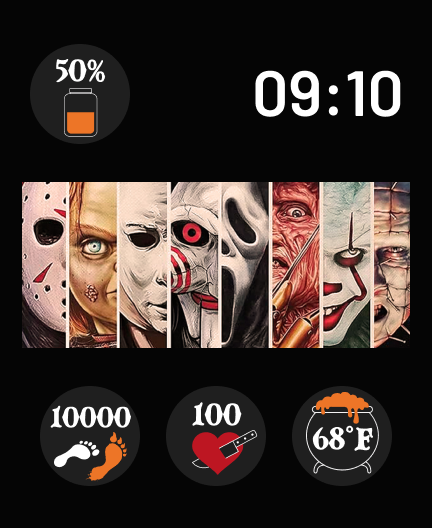 A Halloween-themed watch face featuring a collage of iconic horror movie characters with bold cinematic details