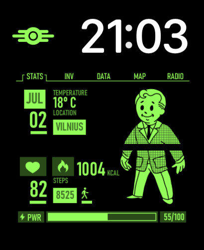 A retro-inspired Handy Plus watch face displaying temperature, steps, heart rate, and power stats in a sleek green interface