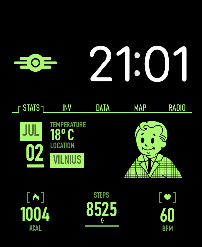 A retro-inspired Handy watch face featuring stats for temperature, steps, heart rate, and calories in a clean green interface