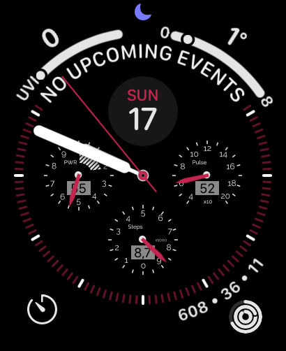 A Horizon Military watch face featuring analog dials for power, pulse, and steps with a bold, tactical design