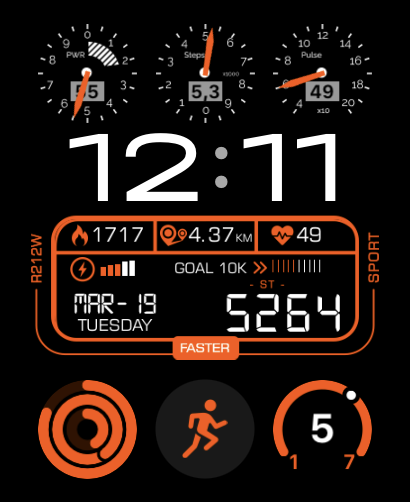 A high-energy Ignite watch face featuring detailed stats for steps, pulse, distance, and calorie tracking with a bold orange design