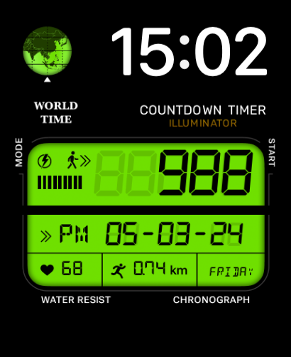 A bold green Illuminator watch face featuring world time, countdown timer, and digital activity metrics.