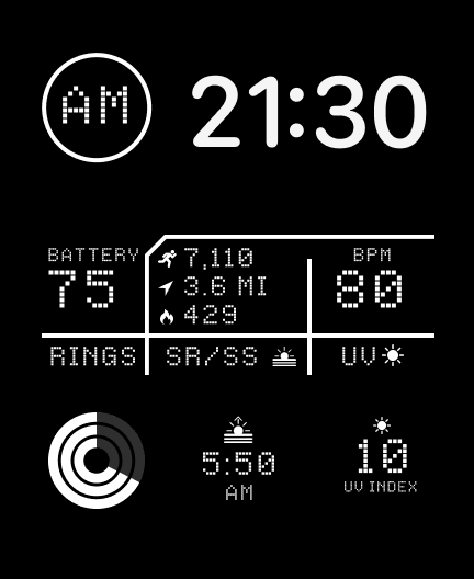 A LED-inspired digital watch face with a pixel-style monochrome display, showing steps, heart rate, UV index, and battery