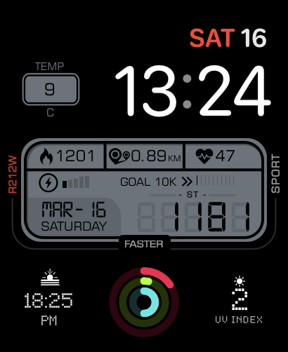 A Milestone watch face featuring real-time stats for steps, distance, heart rate, and calories with a clean digital interface