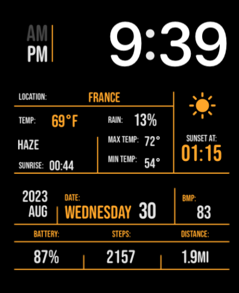 A Minimalist Duo watch face featuring a clean dual-panel layout with weather, date, steps, and battery statistics