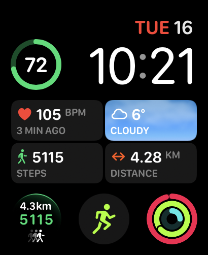 A sleek Native Dash watch face displaying heart rate, steps, distance, and weather in a clean and functional layout