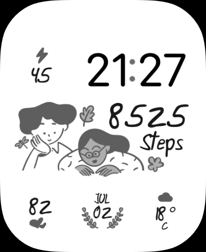 A Notion watch face featuring a monochrome illustration with step tracking, heart rate, date, and weather details.
