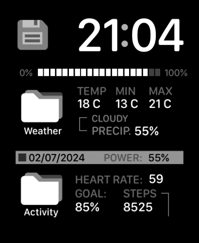 An OS-inspired watch face featuring folder-style widgets for weather, activity, and power stats in a sleek, retro layout.