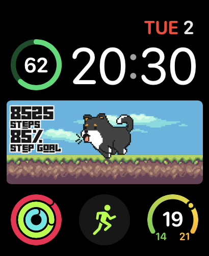 A Pixel Black Shiba watch face featuring a pixelated Shiba Inu that changes state based on step goal progress, paired with activity stats