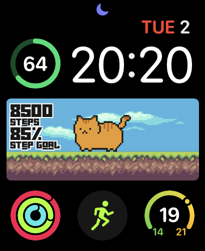 A Pixel Cat watch face featuring a pixelated cat that changes state based on step goal progress, paired with activity stats.