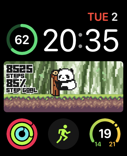 A Pixel Panda watch face featuring a pixelated panda interacting with its environment, changing state based on step goal progress.