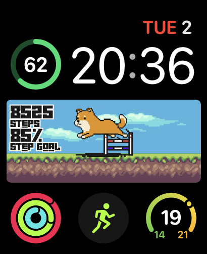 A Pixel Shiba watch face featuring a pixelated Shiba Inu jumping over obstacles, changing state based on step goal progress.