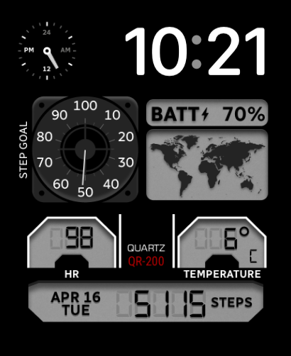 A Quartz watch face featuring a retro-style layout with metrics for heart rate, steps, temperature, and battery.