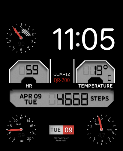 A Retro Modular watch face featuring analog gauges and digital displays for heart rate, temperature, and steps in a modular layout.