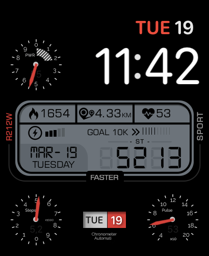 A Stealth watch face featuring a monochromatic design with dynamic gauges and detailed stats for steps, heart rate, distance, and calories.