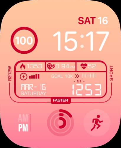 A Stride watch face featuring a vibrant gradient design with detailed stats for steps, distance, heart rate, and calories.