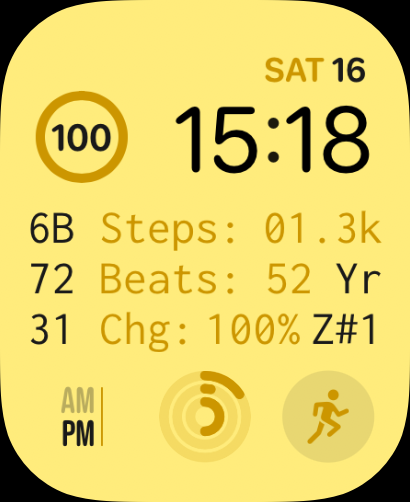 A Sunny Terminal watch face featuring a retro-style font, stats for steps, heart rate, and battery, with a bright yellow background.