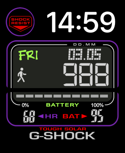 A Super Purple watch face featuring a G-Shock-inspired design, bold purple color scheme, and digital stats for steps, heart rate, and battery.