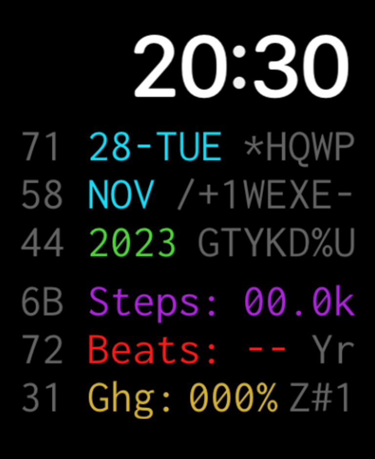 A Terminal watch face featuring a retro-style layout with colorful text displaying steps, beats, and system stats.