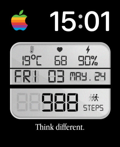 A Think Different watch face featuring a retro digital design with metrics for temperature, heart rate, battery, date, and steps.