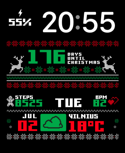 An Ugly Sweater watch face featuring a festive pixelated design with Christmas countdown, steps, heart rate, and weather stats.